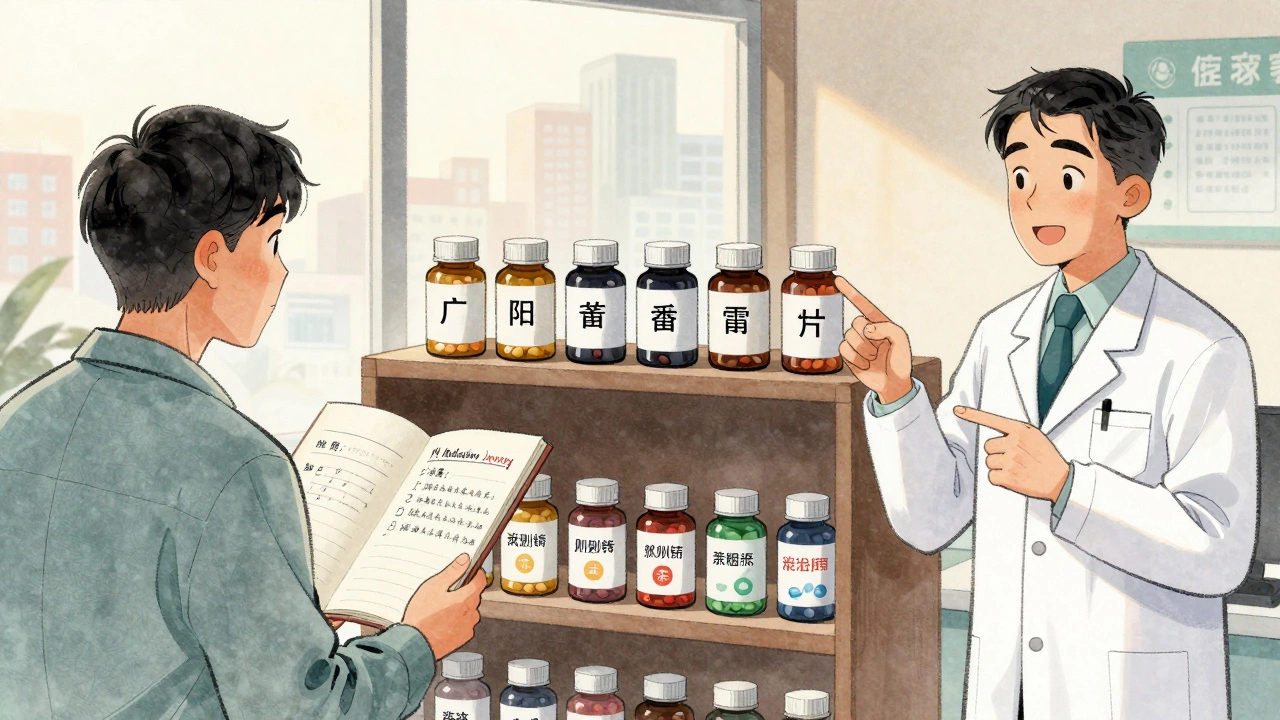 Patient tracking medication effects in a journal beside generic pills from different manufacturers.