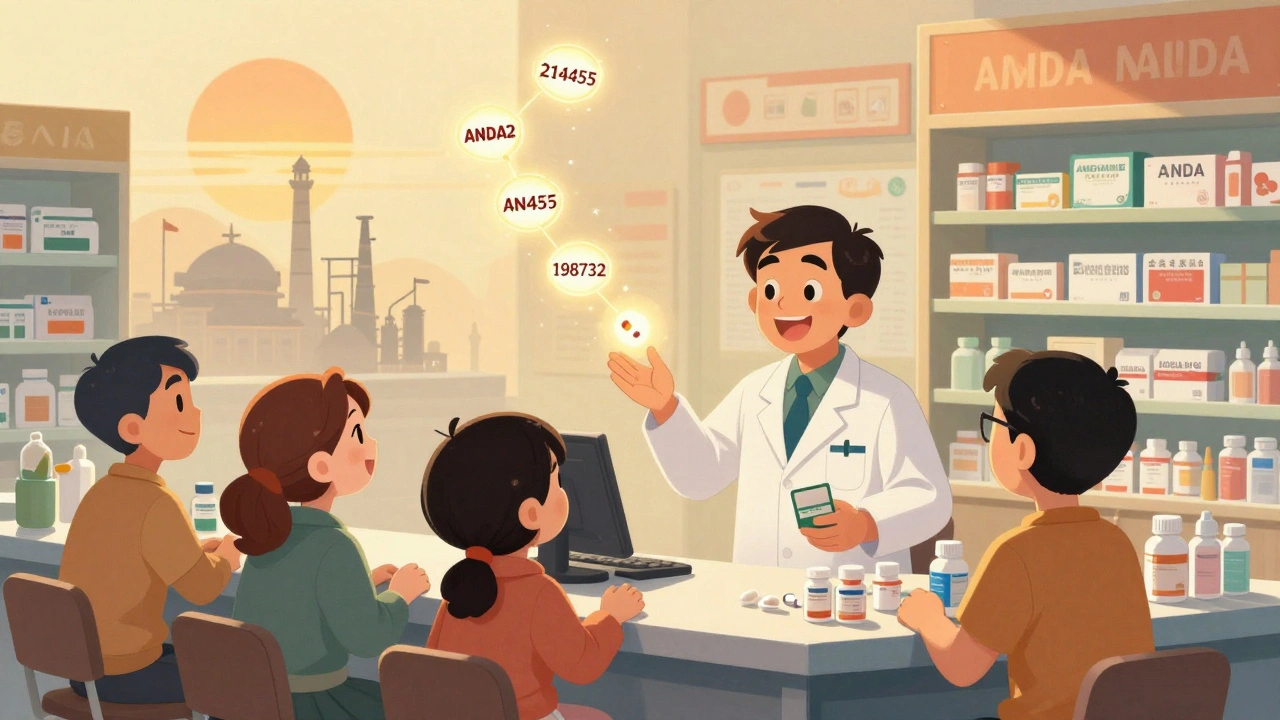 Patients receive affordable generics at a pharmacy as floating ANDA numbers glow behind them.