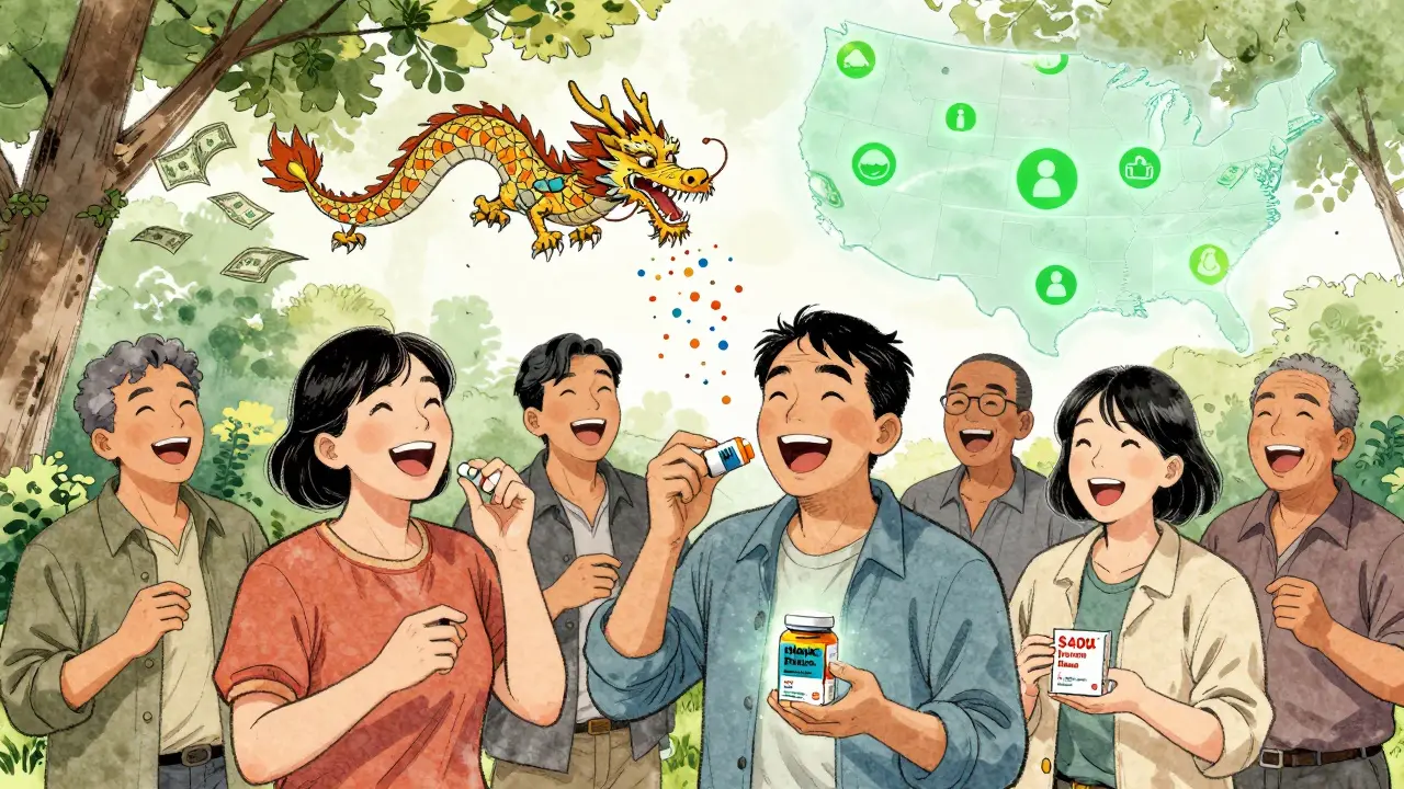 Patients taking generics in park, warfarin monitor glowing, dollar bill dragon flying away