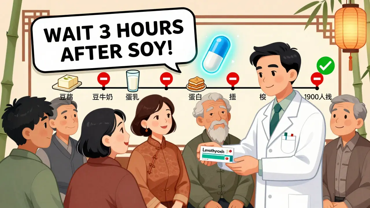 Pharmacist educates patients about soy and thyroid med timing with visual timeline