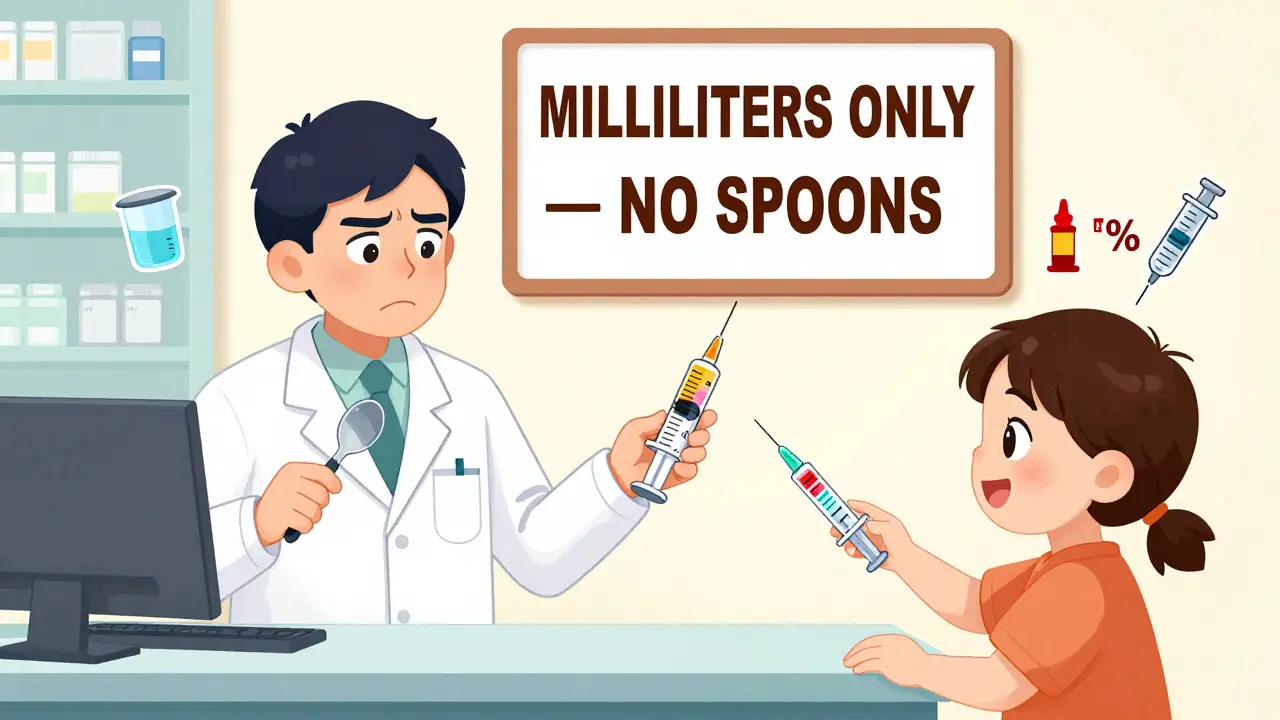 Pharmacist giving a child an oral syringe at the pharmacy, with a 'Milliliters Only' sign and confused parent holding a spoon.