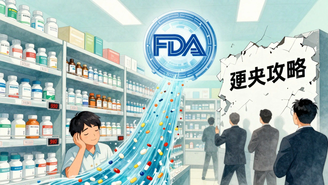 Pharmacy shelf flooded with affordable generics as corporate barriers crumble under FDA reform.
