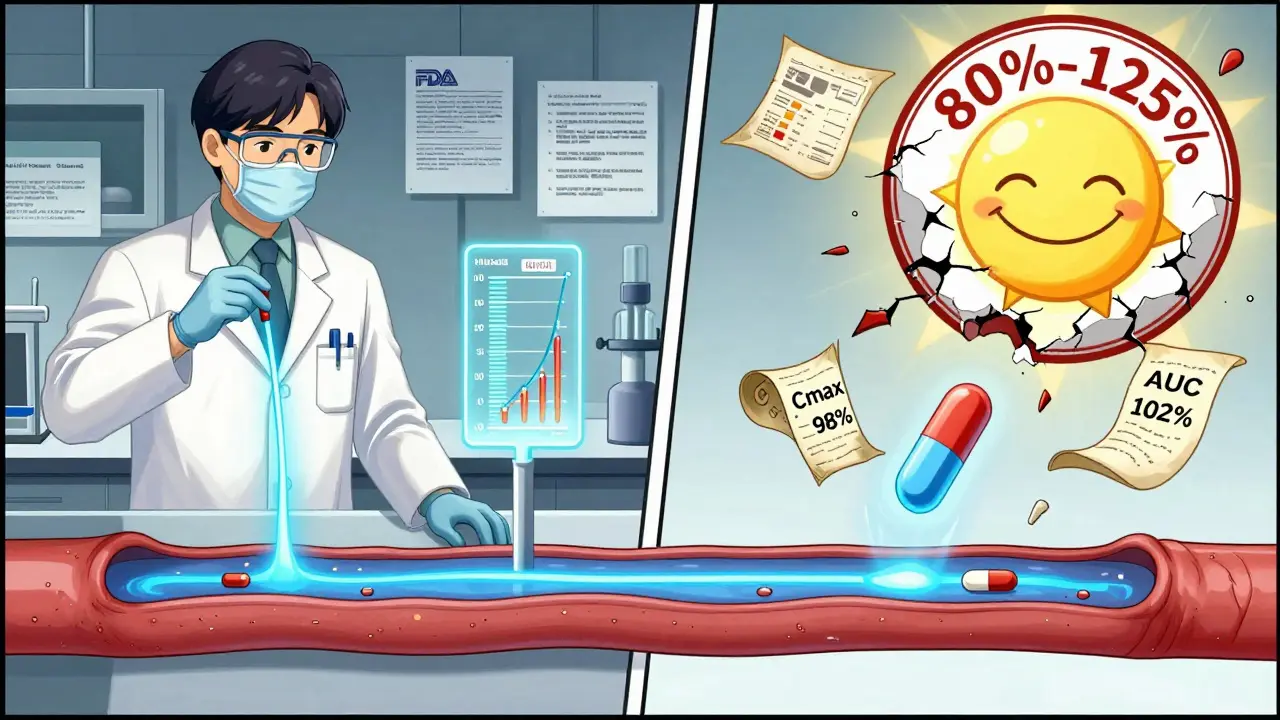 Scientist comparing blood absorption of brand and generic drugs with glowing data scrolls