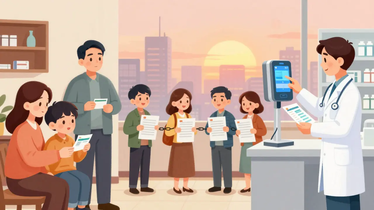 Split scene: a family checking pills at home and later smiling as a pharmacy improves its labeling system.