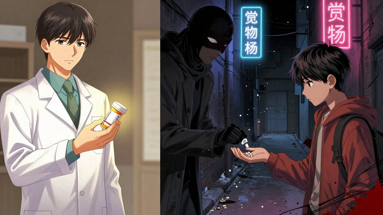 Split scene: clean pharmacy vs. dark alley selling fake pills, with glowing social media ads in background.