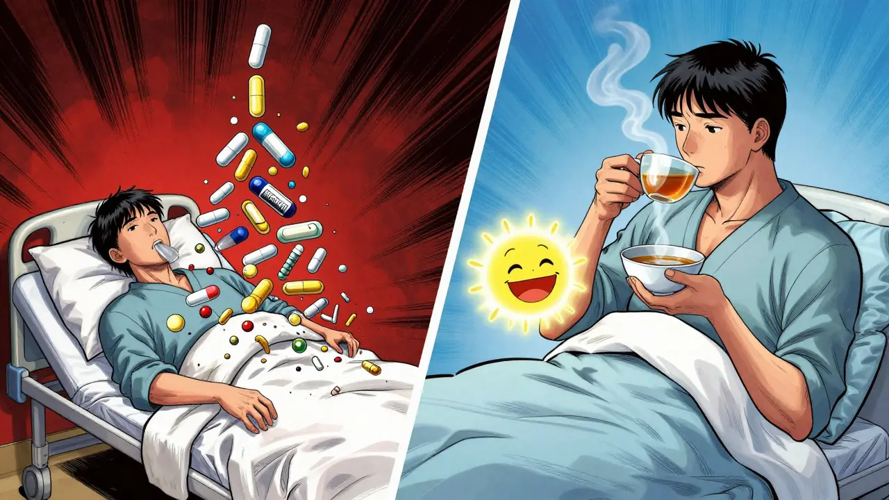 Split scene: dangerous medicine overdose vs. natural cold recovery in Chinese manhua illustration.