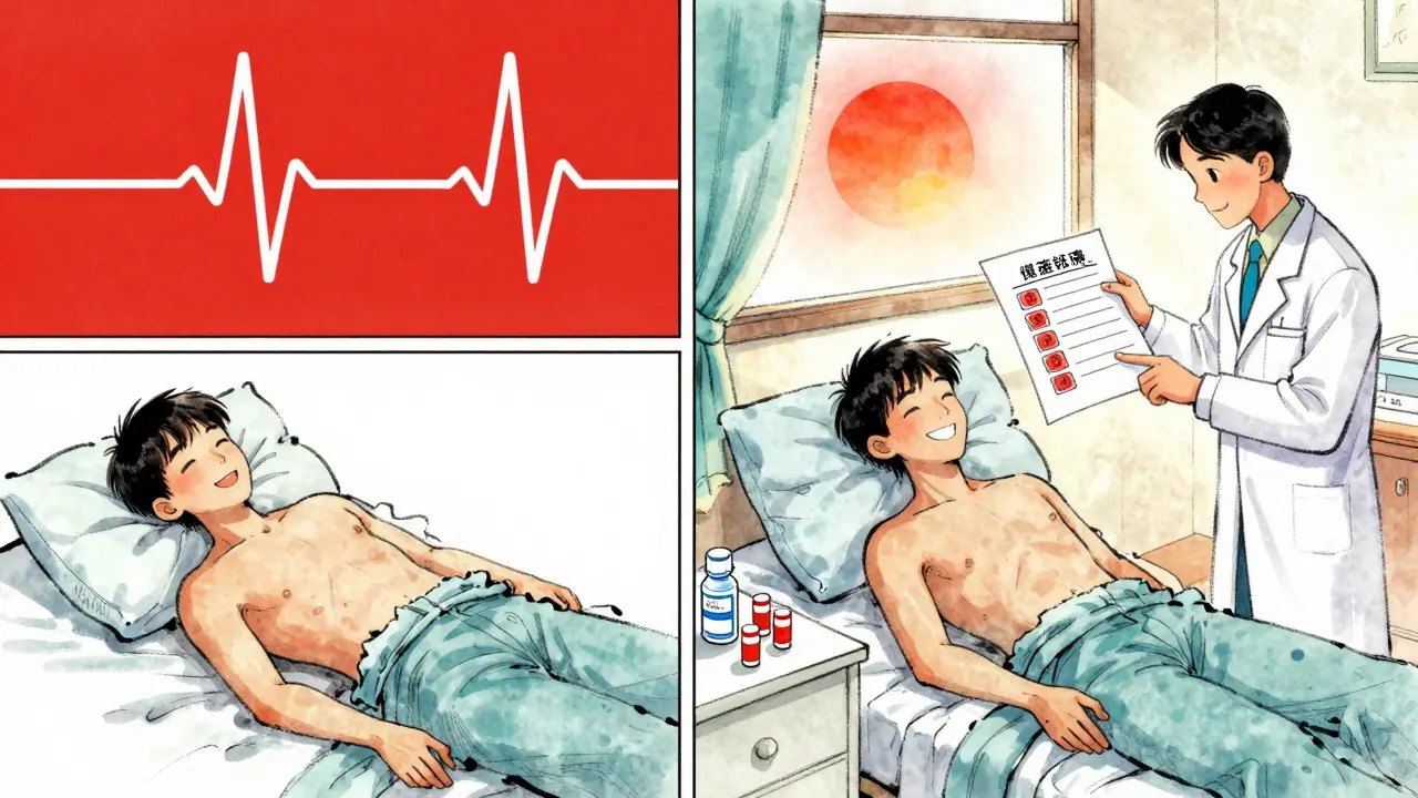 Split scene: one side shows cardiac arrest, the other shows recovery with potassium binders and stable health.