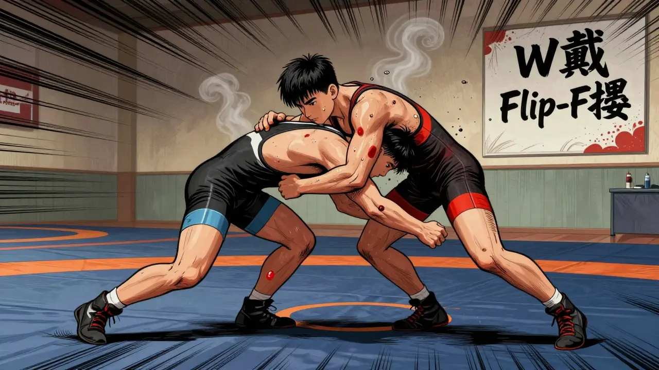 Wrestlers in action, fungal spores spreading from mat, one athlete has ringworm on thigh