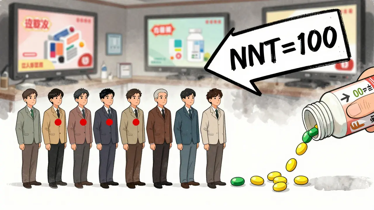 100 people illustrated with dots showing stroke risk reduction and side effects, labeled NNT=100.