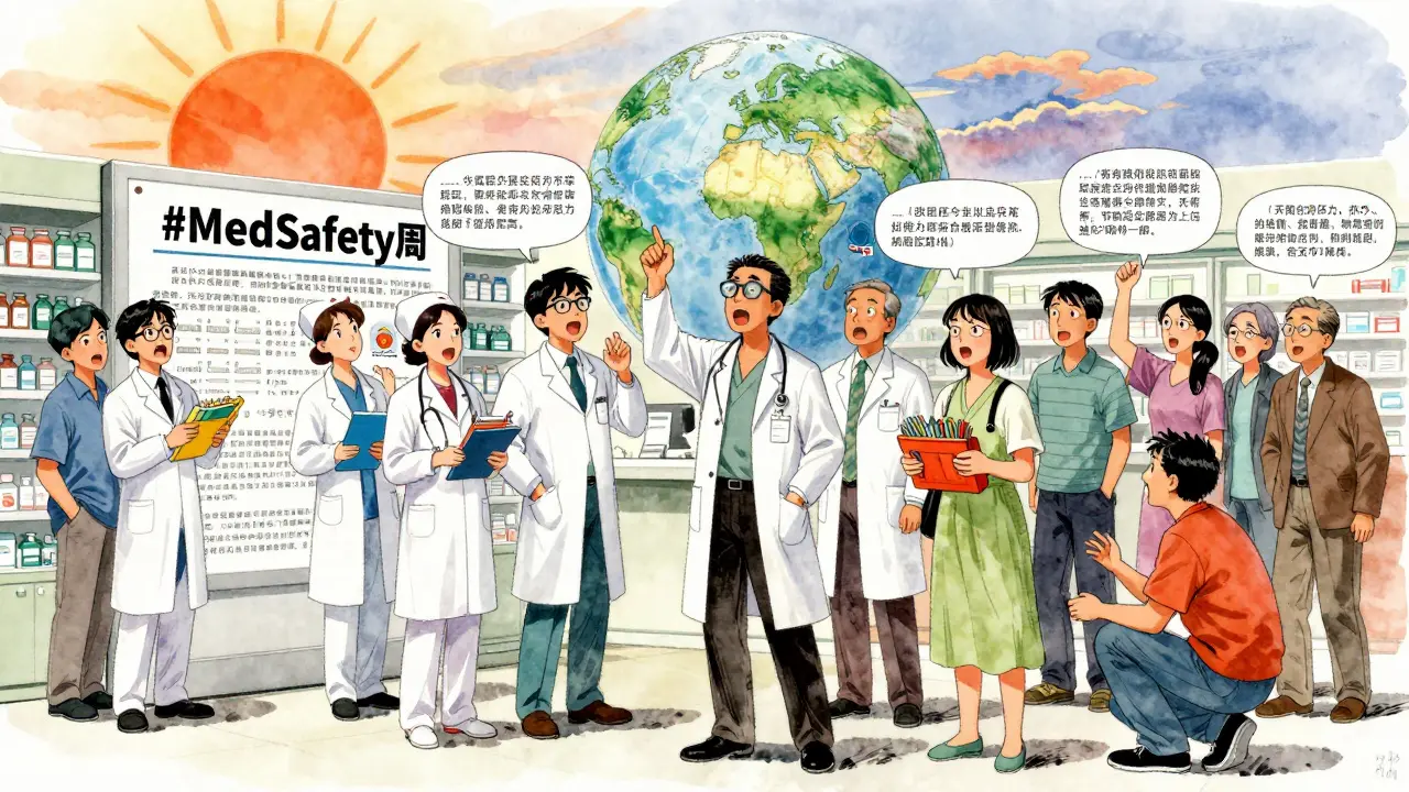 A diverse group of healthcare workers and patients gathered around a #MedSafetyWeek poster in a pharmacy.