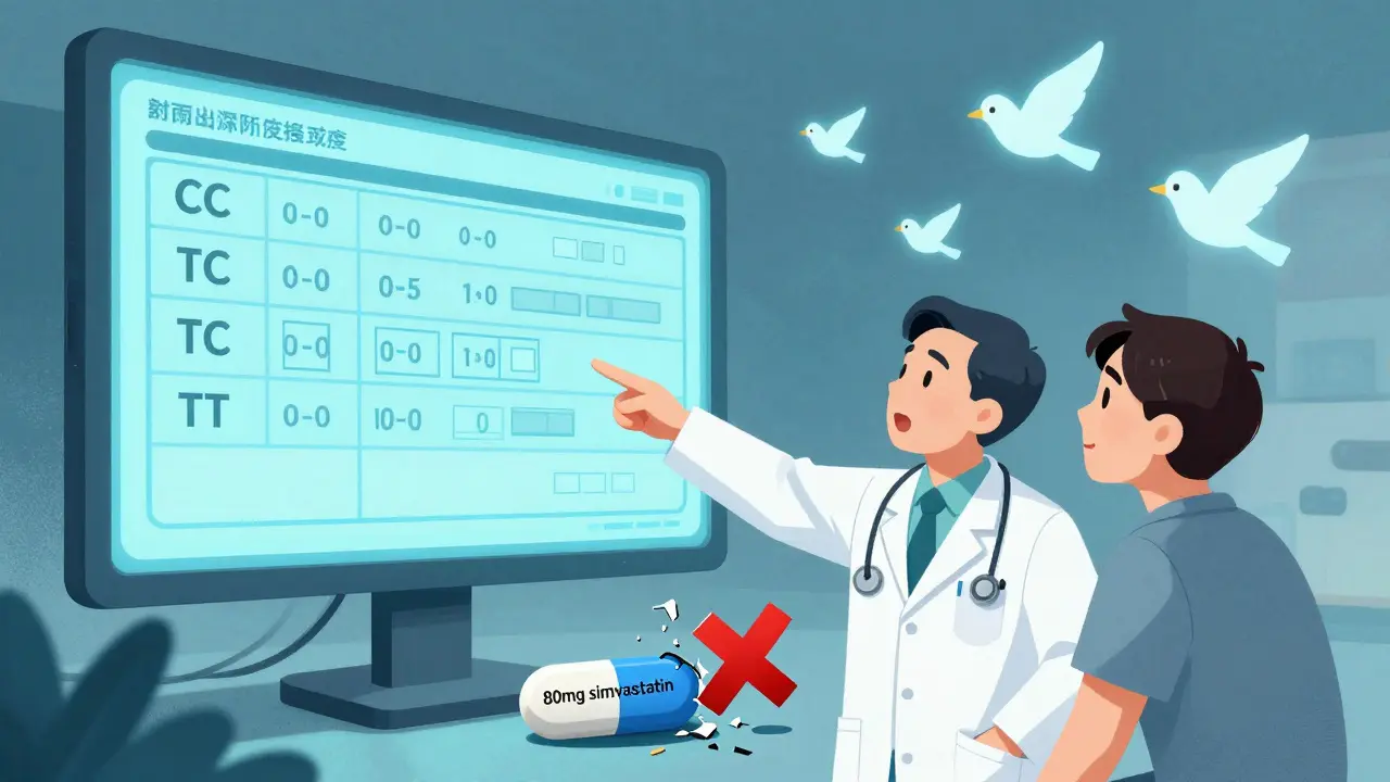 A doctor and patient reviewing a genetic report with statin pills, showing safer alternatives replacing a broken high-dose simvastatin pill.
