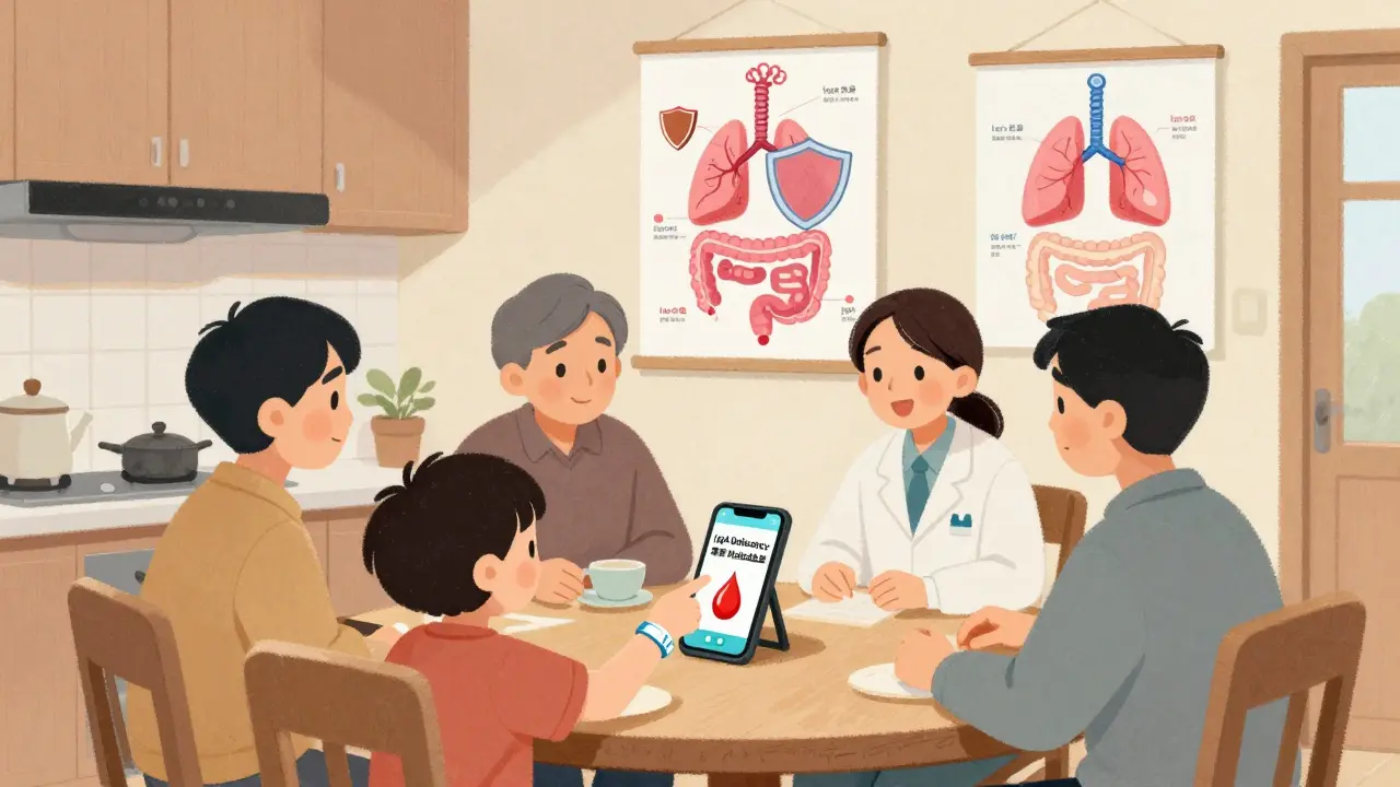 A family educates themselves about IgA deficiency using a phone and medical alert card.