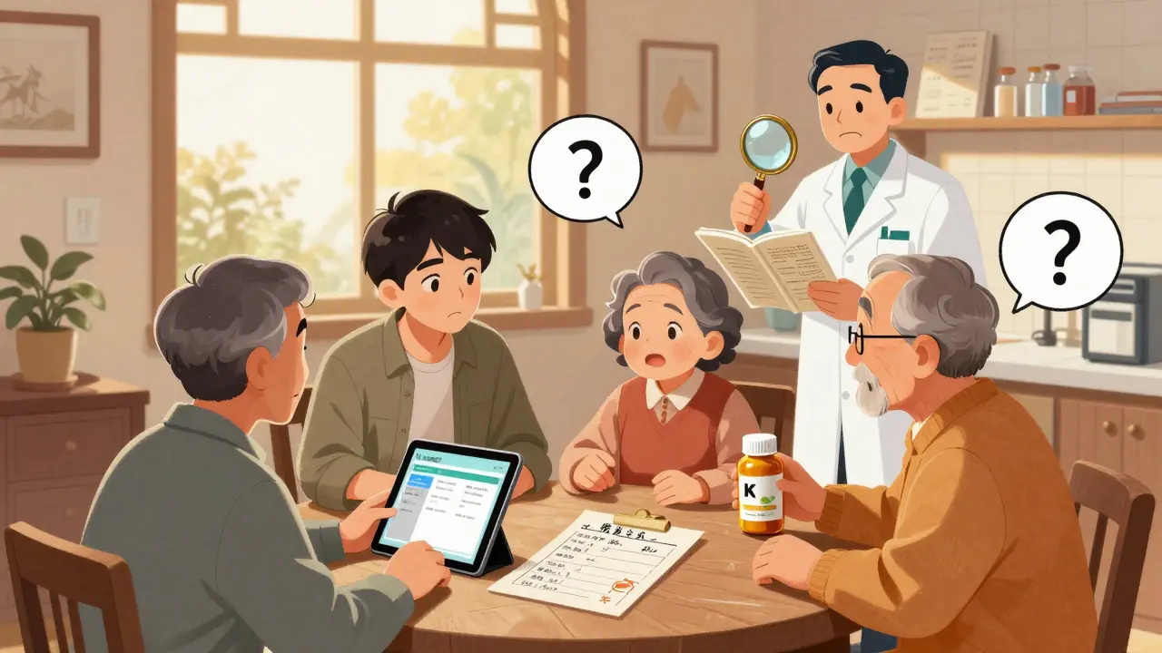 A family reviews a handwritten medication list at home as a pharmacist arrives with a medical journal.