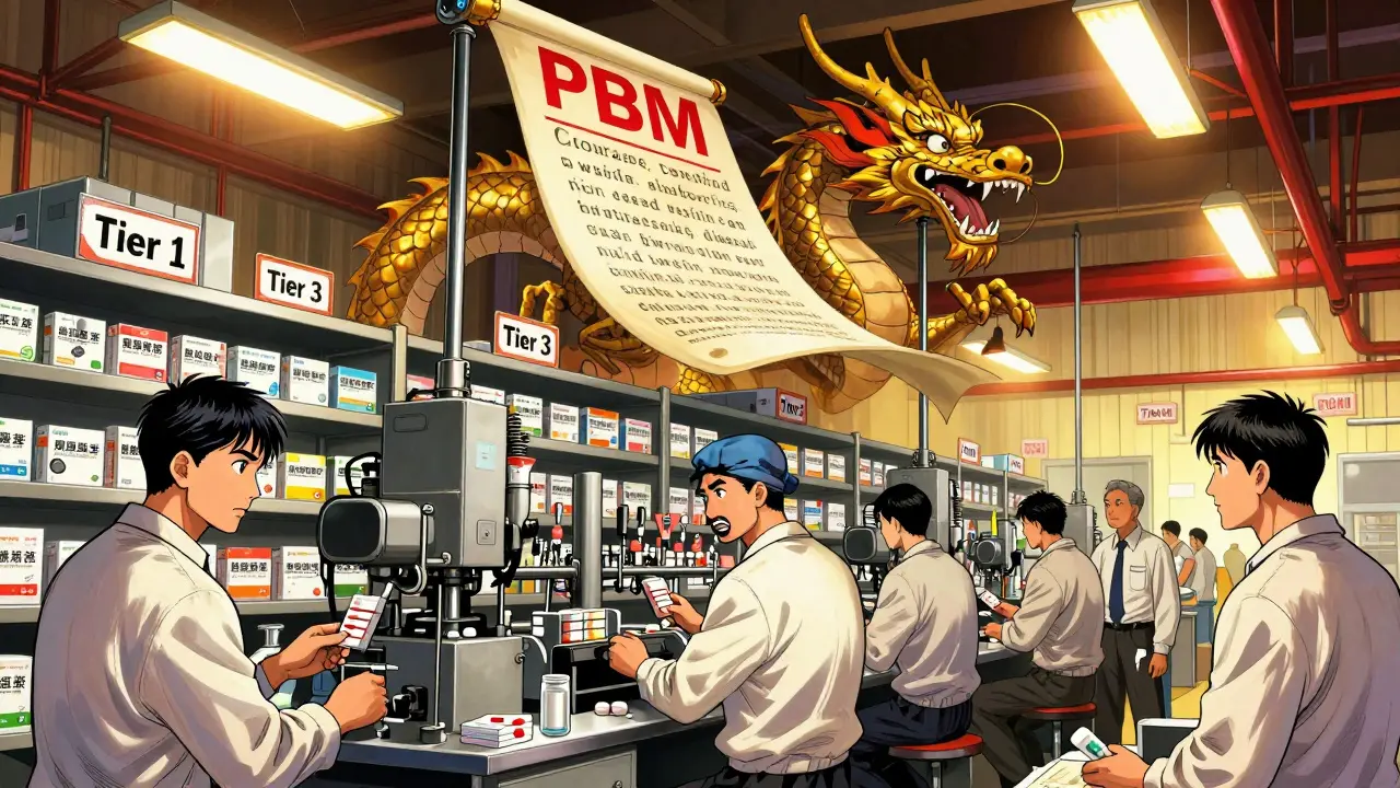 A generic drug factory with workers and a giant PBM contract dragon looming over tiered shelves in Chinese manhua style.