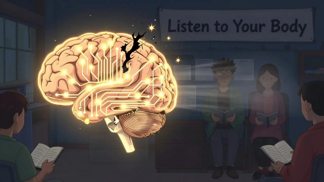 A glowing brain circuit with sudden power loss versus peaceful dimming, symbolizing abrupt vs. gradual antidepressant discontinuation.