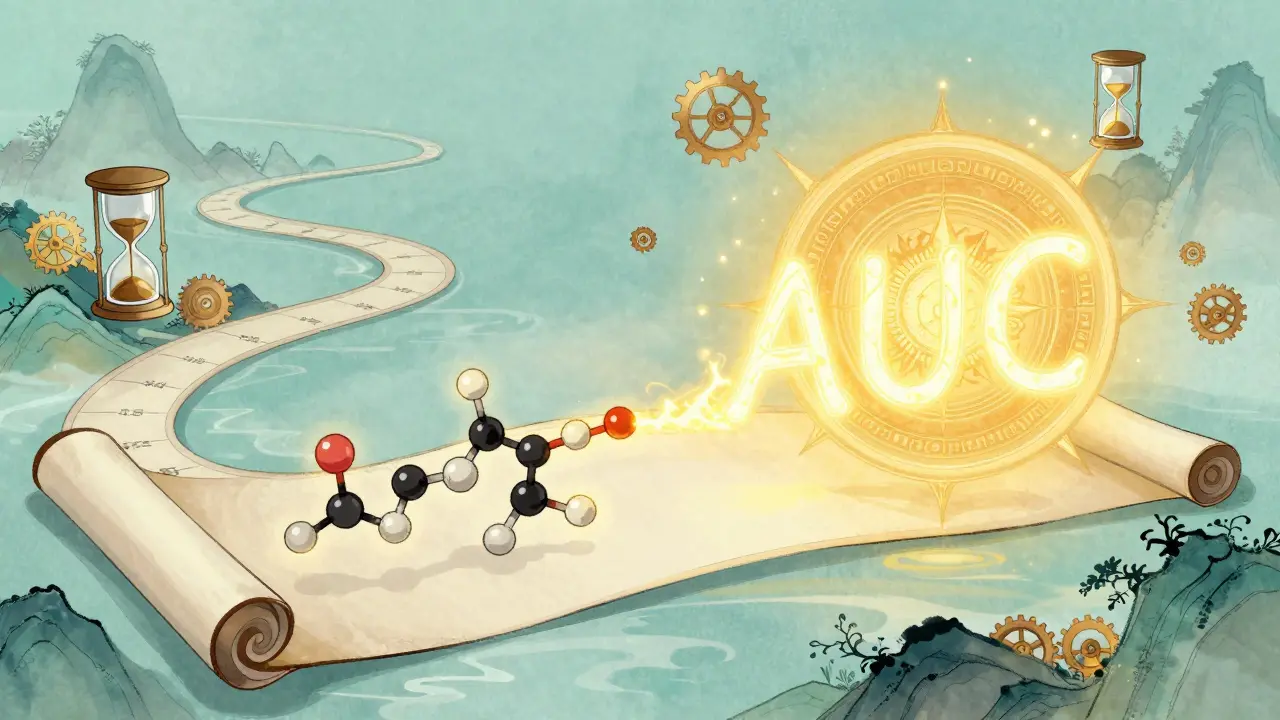 A glowing drug molecule traces a path forming the AUC area under a curve, depicted as a golden mandala on a scroll.