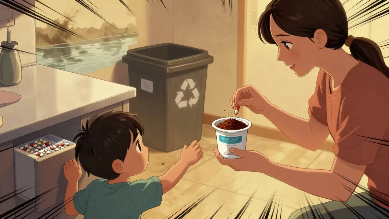 A mother prevents a child from accessing pills by mixing them with coffee grounds in a sealed container.