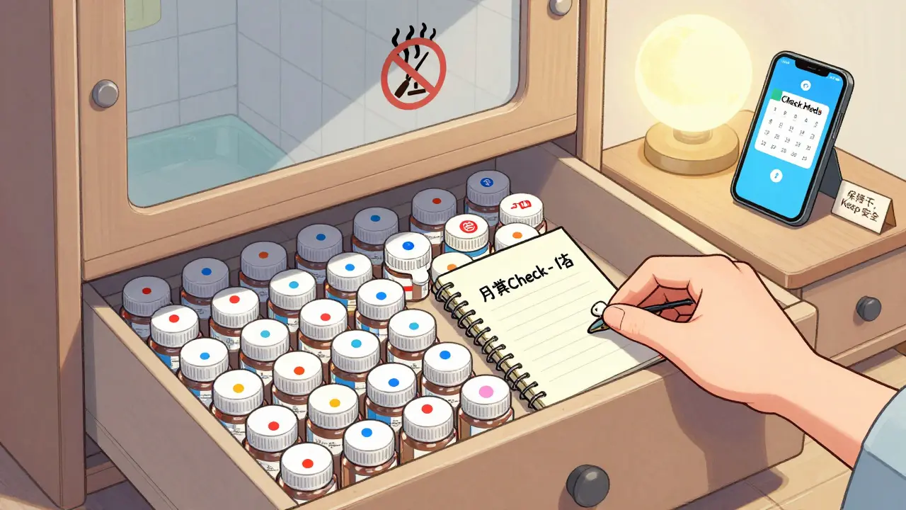 A neatly organized bedroom drawer with color-coded medicine bottles and a monthly check reminder on a phone.