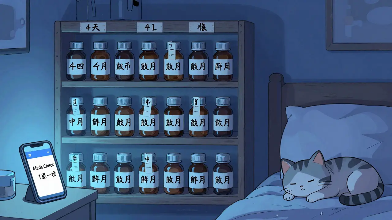 A neatly organized medicine shelf with labeled expiration dates and a phone showing a monthly reminder alert.