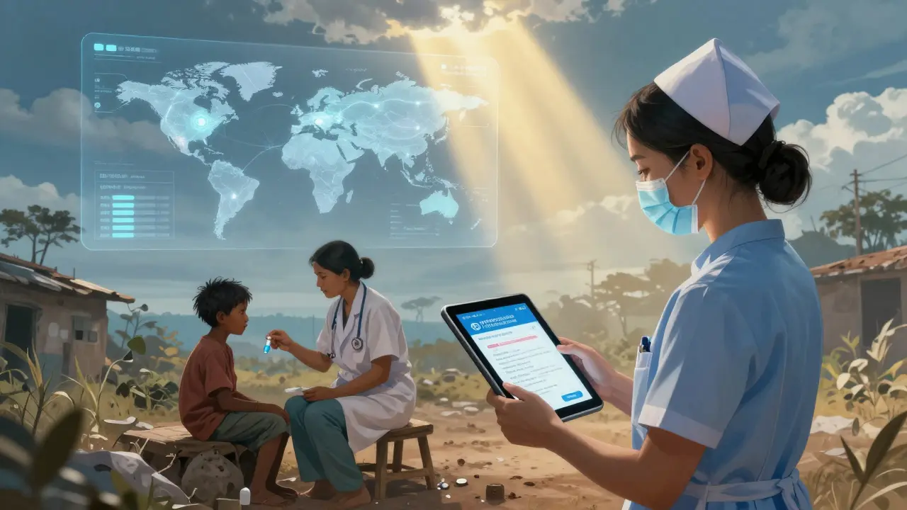 A nurse in a low-resource clinic accessing WHO safety tools while a child receives medicine, with global data streams above.