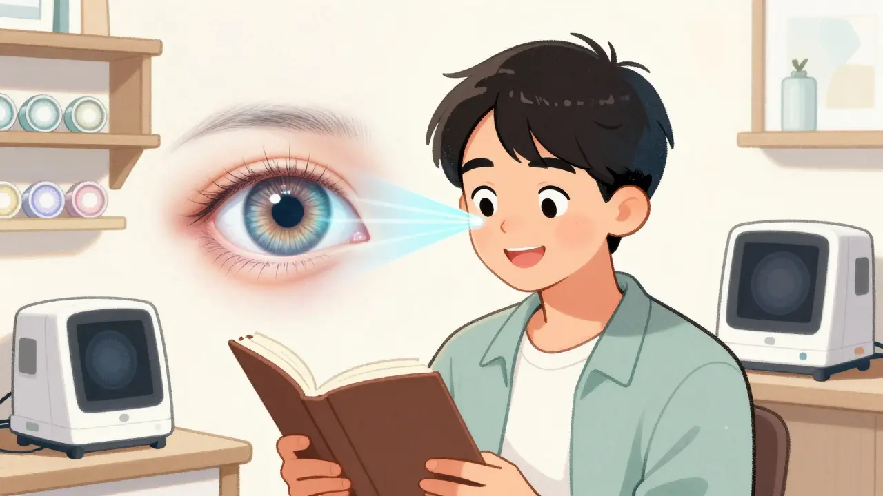 A patient reads comfortably indoors without sunglasses, their corrected cornea glowing softly.