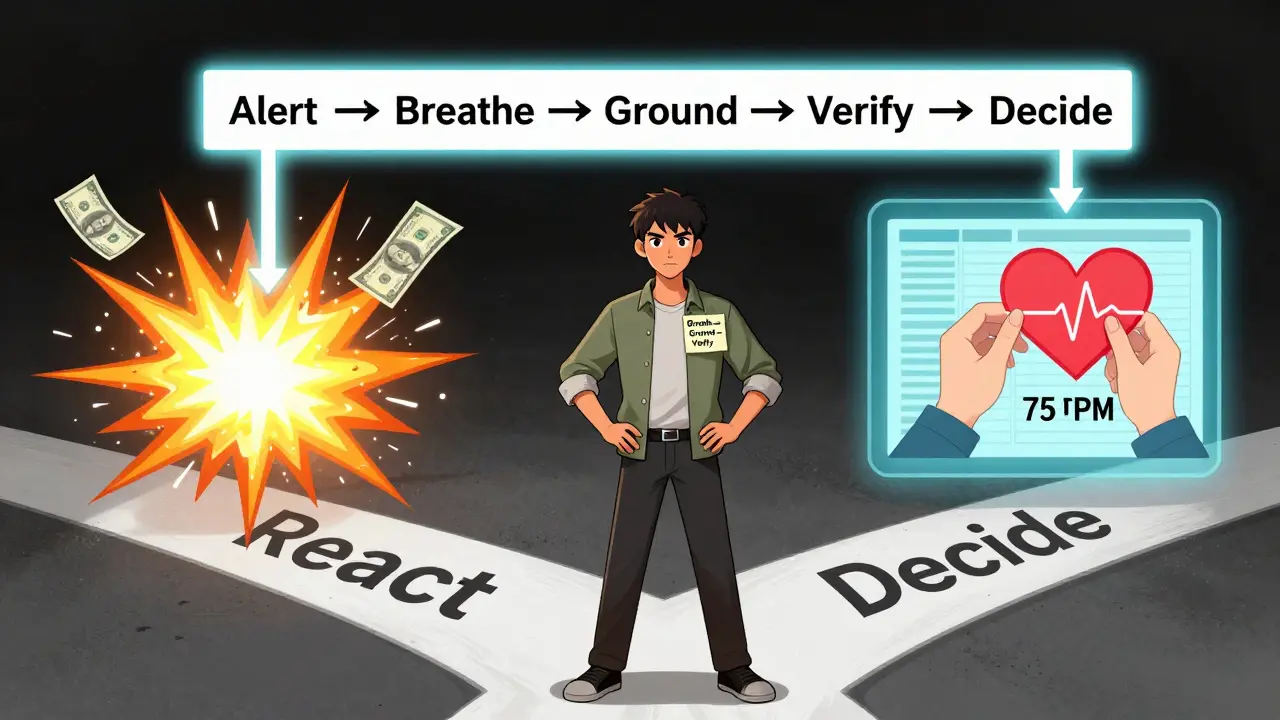 A person choosing calm decision-making over panic, guided by a simple flowchart in manhua style.