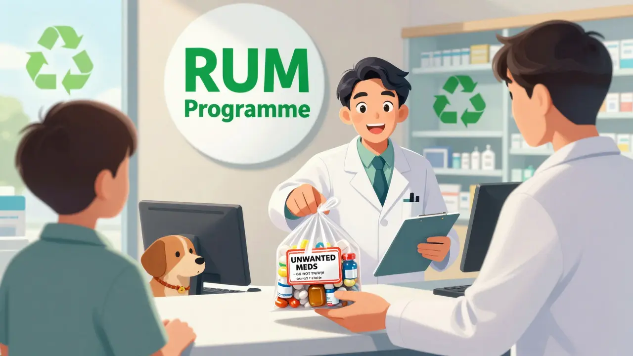 A person drops off expired medicines at a pharmacy with a RUM programme sign, while a pharmacist accepts them safely.