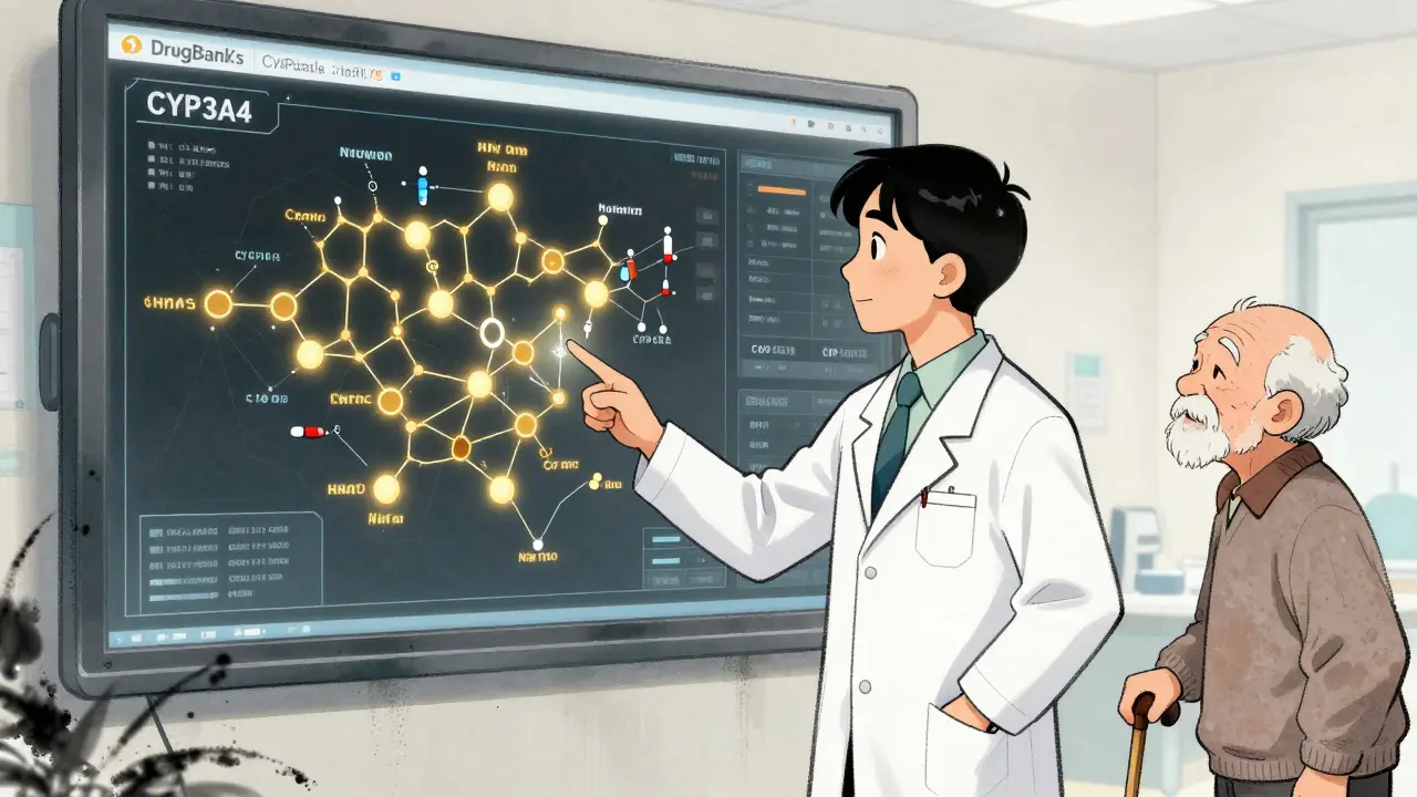 A pharmacist explains complex drug metabolism pathways on a glowing screen to an elderly patient.