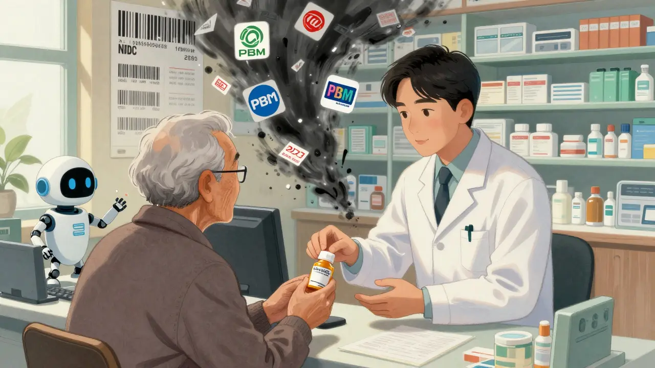 A pharmacist giving a generic pill bottle to a patient while digital pharmacy systems swirl like a storm in Chinese manhua style.