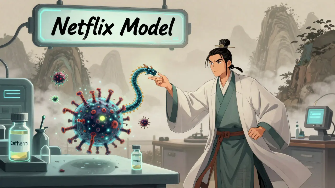 A scientist releasing a dragon-shaped phage to fight a glowing superbug in a futuristic lab.