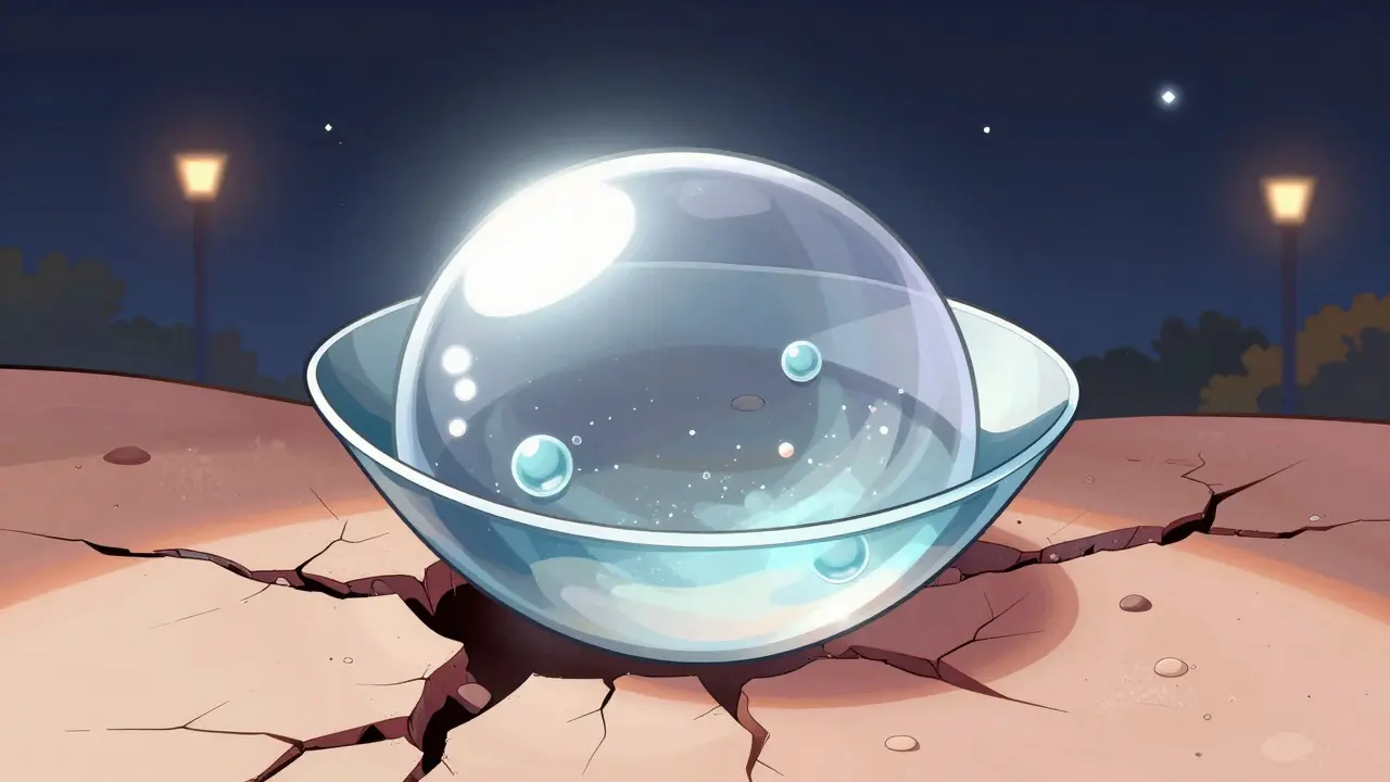 A scleral lens floats above a cone-shaped cornea, smoothing vision with tear fluid.