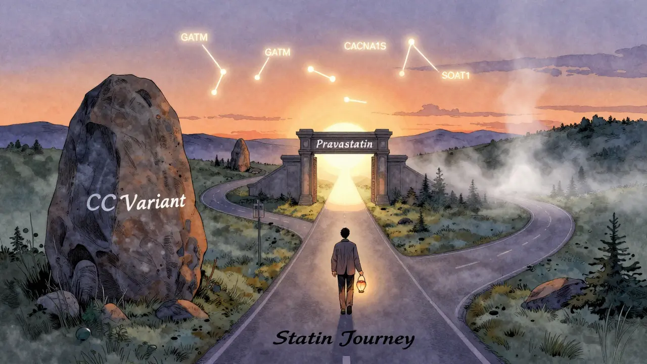 A symbolic path with blocked and open routes representing genetic risk and safer statin choices, with glowing genetic markers in the sky.