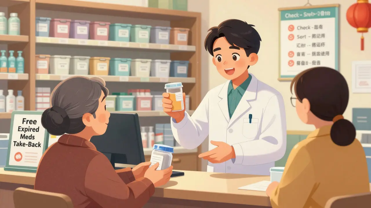 An elderly woman receiving a sharps disposal container from a pharmacist at a community pharmacy.