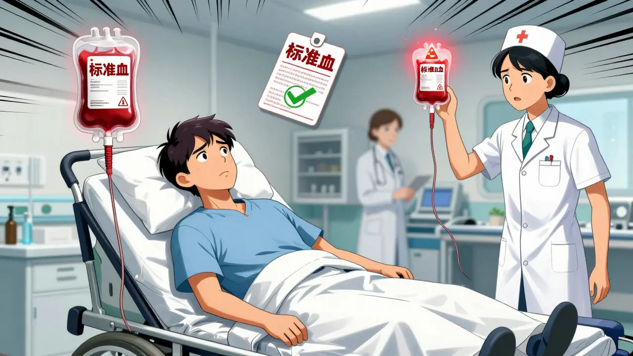 An emergency room scene with a warning about unsafe blood transfusion for IgA-deficient patients.