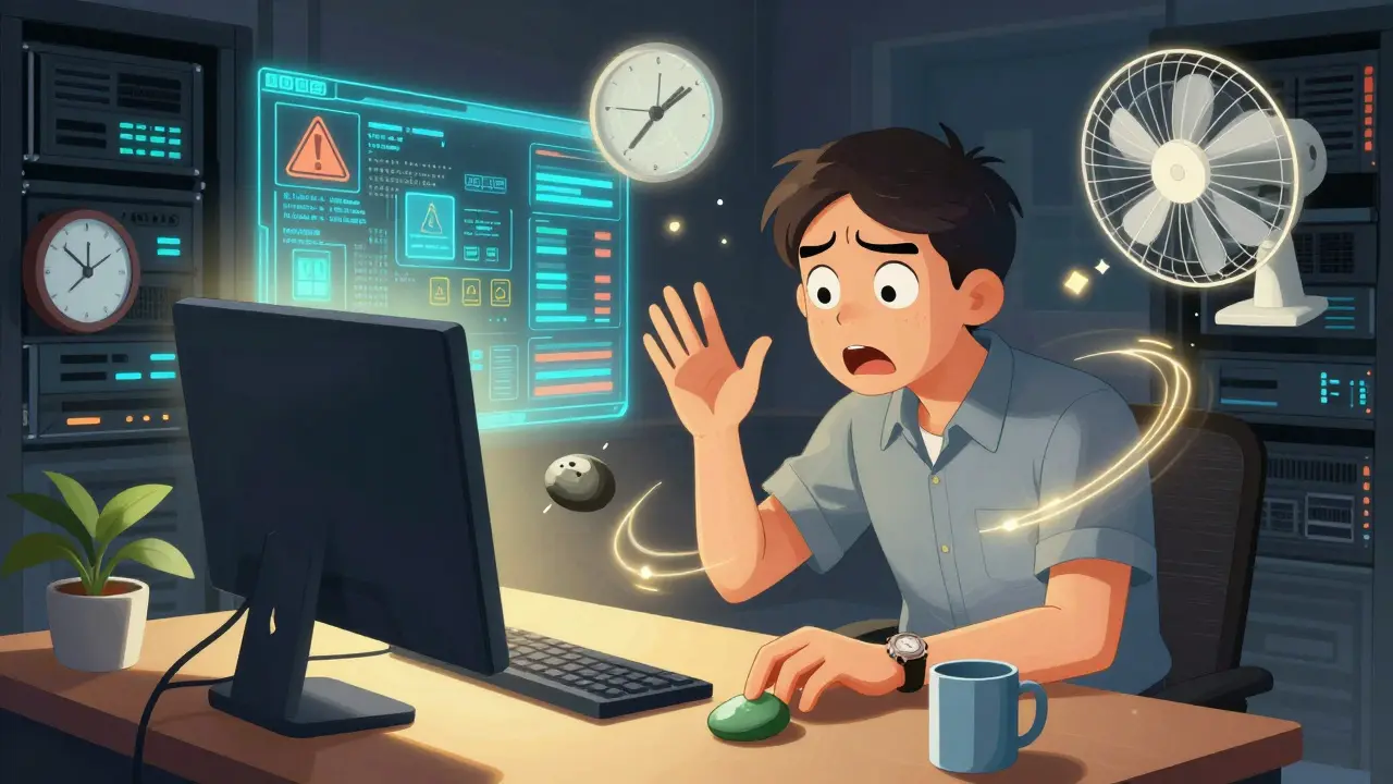 An IT worker grounding themselves during a system alert using senses and objects on their desk.