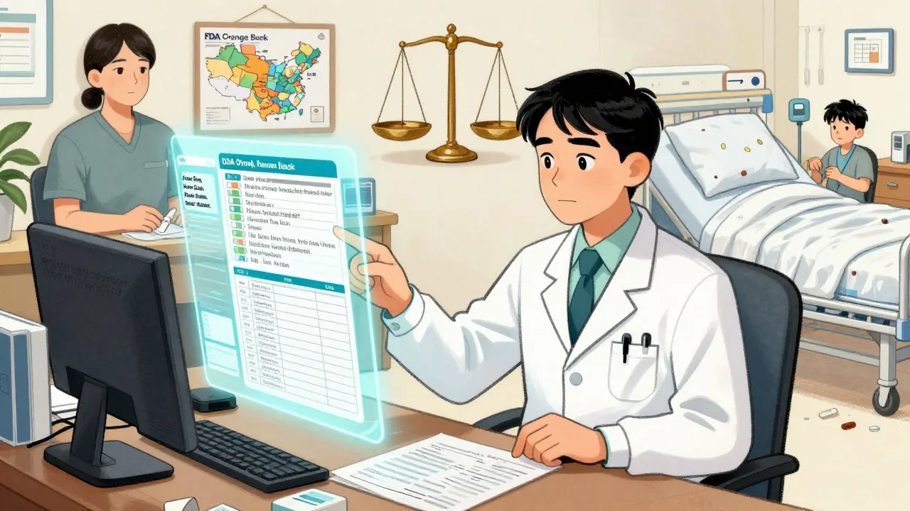Clinician consults digital guides to proper override rules, with calm and chaotic patient scenes behind.
