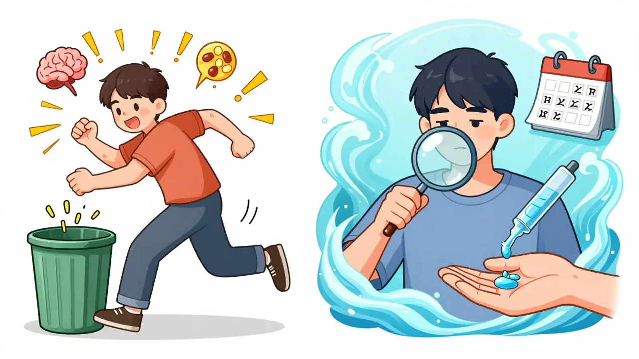 Contrasting scenes: one showing abrupt pill disposal with chaotic symptoms, the other a calm tapering process with liquid drops and weekly pauses.