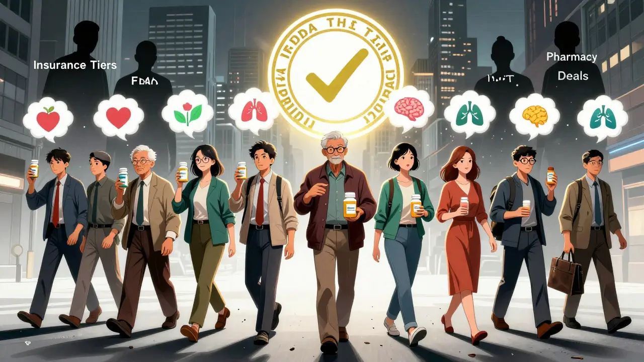 Diverse patients walk through a city, releasing health symbols with each step, as outdated cost barriers crumble behind them.