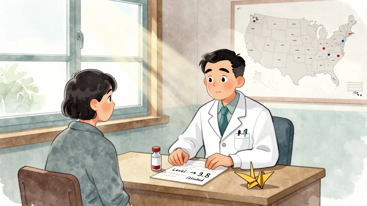 Doctor and patient in rural clinic with blood test result and safety crane on table, sunlight streaming in.