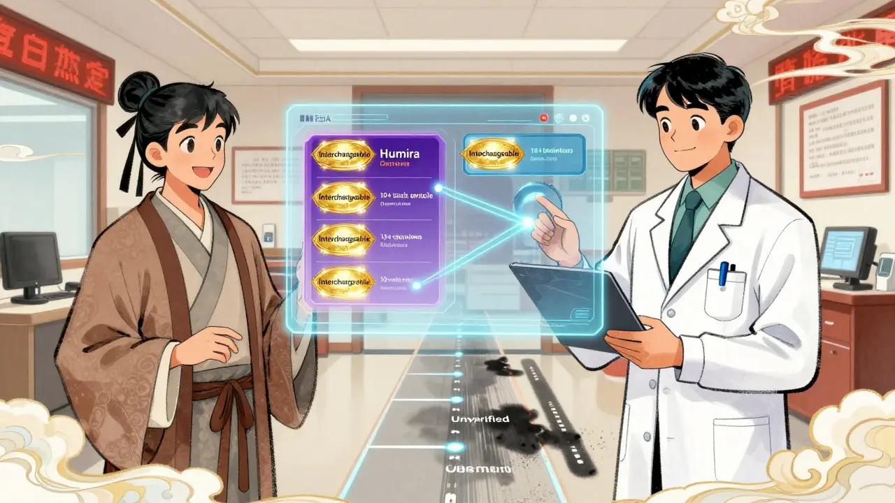 Doctor and pharmacist reviewing holographic Purple Book with interchangeable biosimilars glowing in gold.