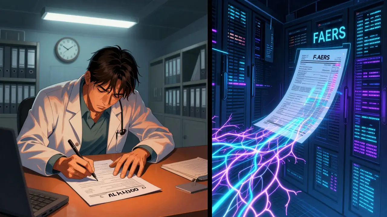 Doctor writing a report on one side, digital data stream flowing into FAERS database on the other.