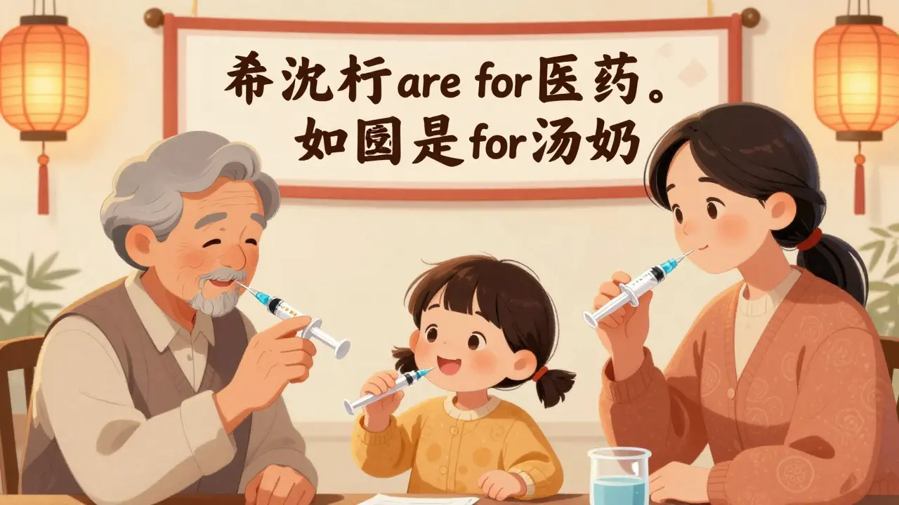 Family members using calibrated syringes to give medicine to a child, with banner saying 'Milliliters are for Medicine. Spoons are for Soup.'