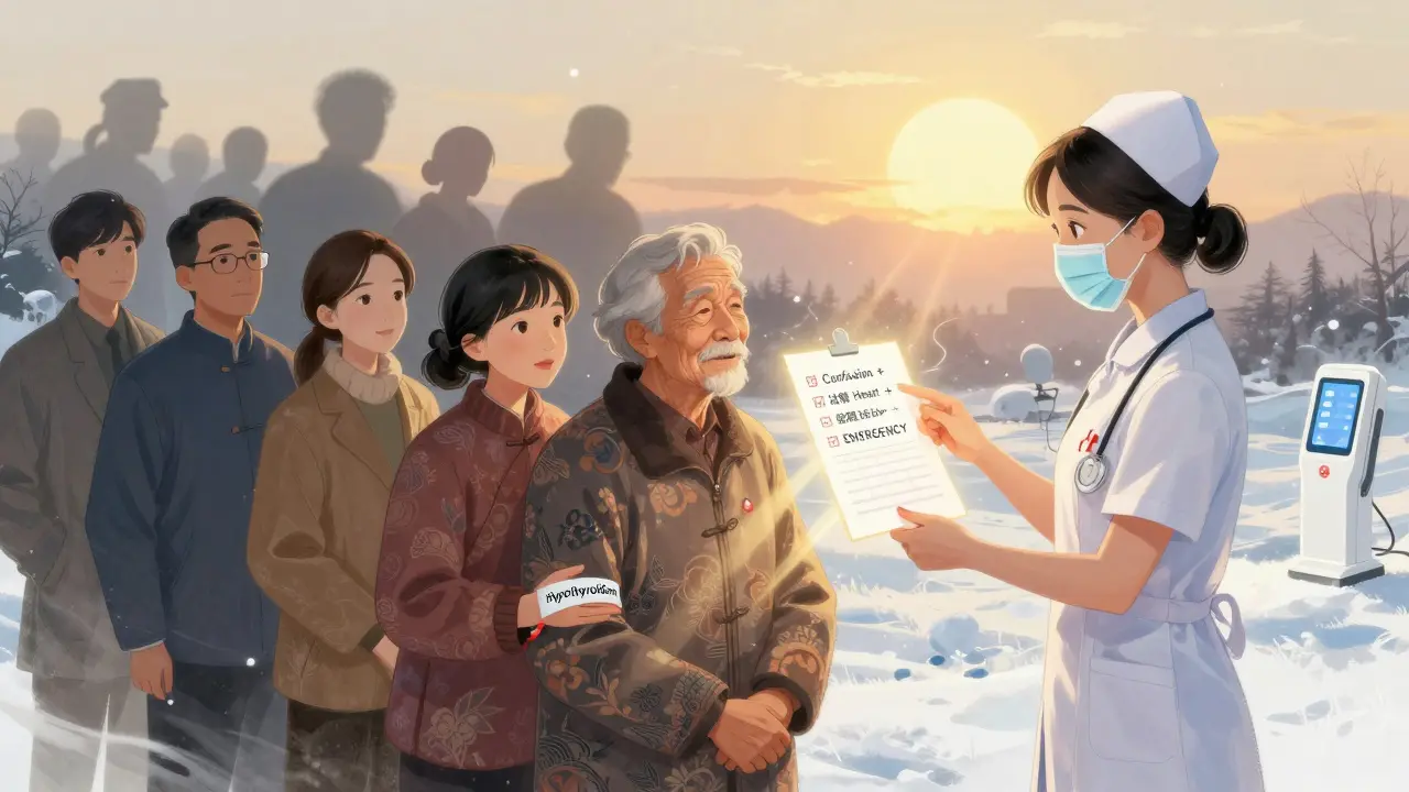 Group of caregivers under winter sky with hypothyroidism wristband and emergency checklist, sunrise illuminating new diagnostic device.