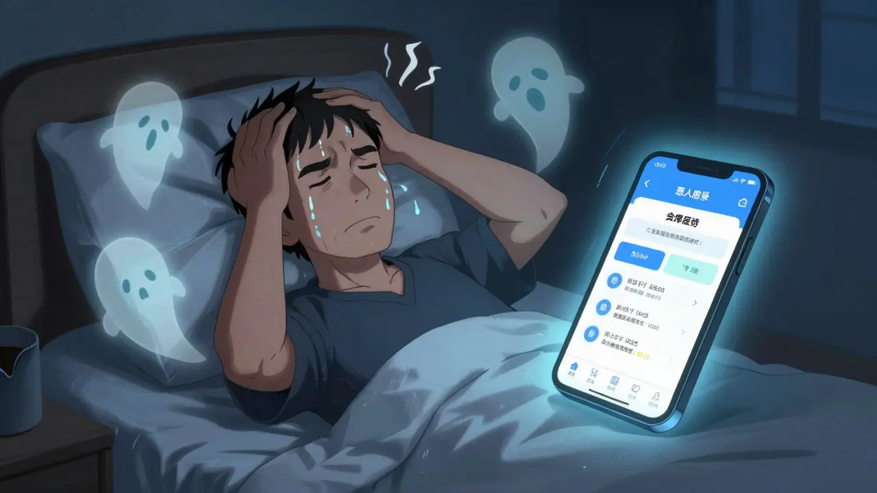 Man at night surrounded by floating side effect symbols, anxious and sweating.