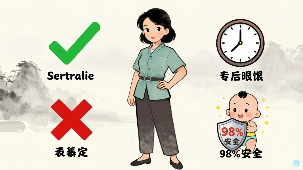 Mother surrounded by safety icons for breastfeeding medications, with a calm, infographic-style Chinese manhua aesthetic.