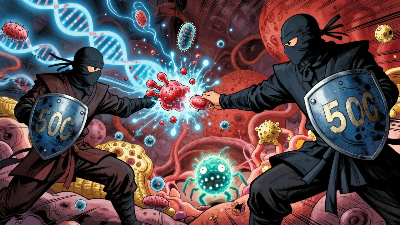Ninja-like antibiotics battling ribosomes inside a gut, with DNA unraveling and C. diff looming.