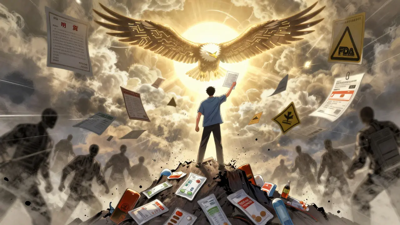 Patient standing tall with a safety report as shadowy threats crumble below, FDA eagle soaring above.