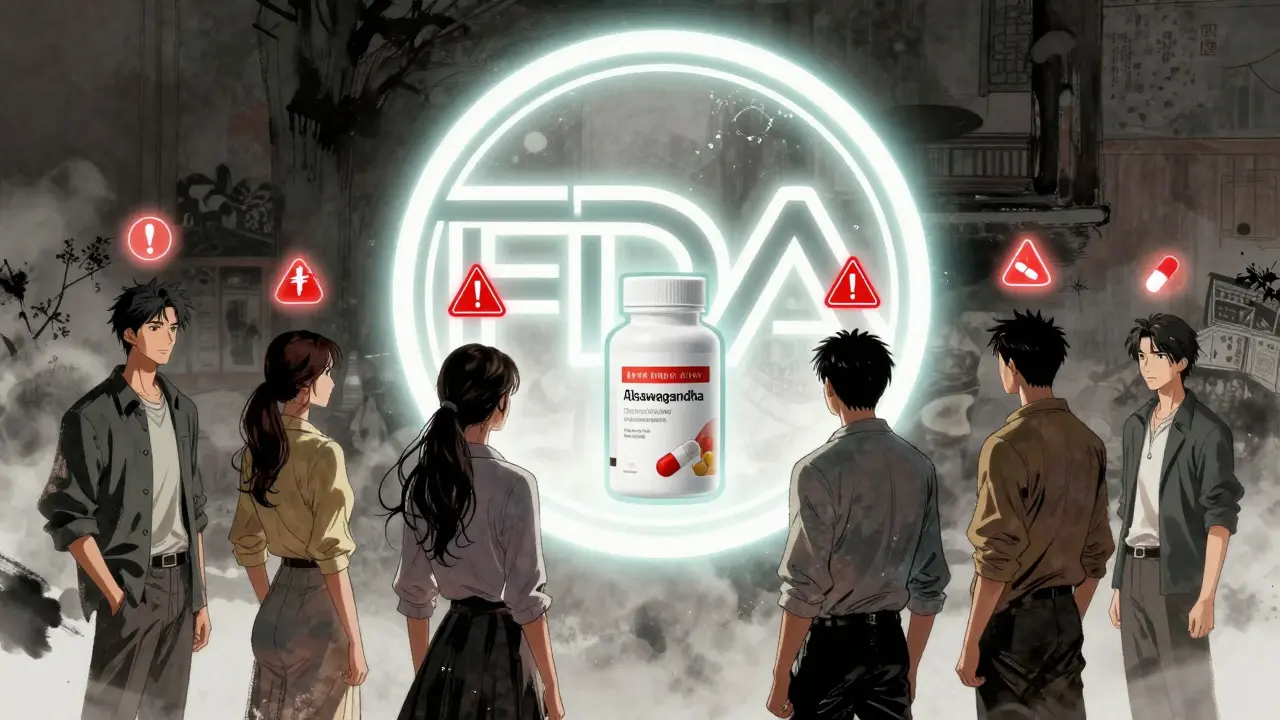 People seeing their hidden dangerous supplements reflected in a giant FDA warning mirror