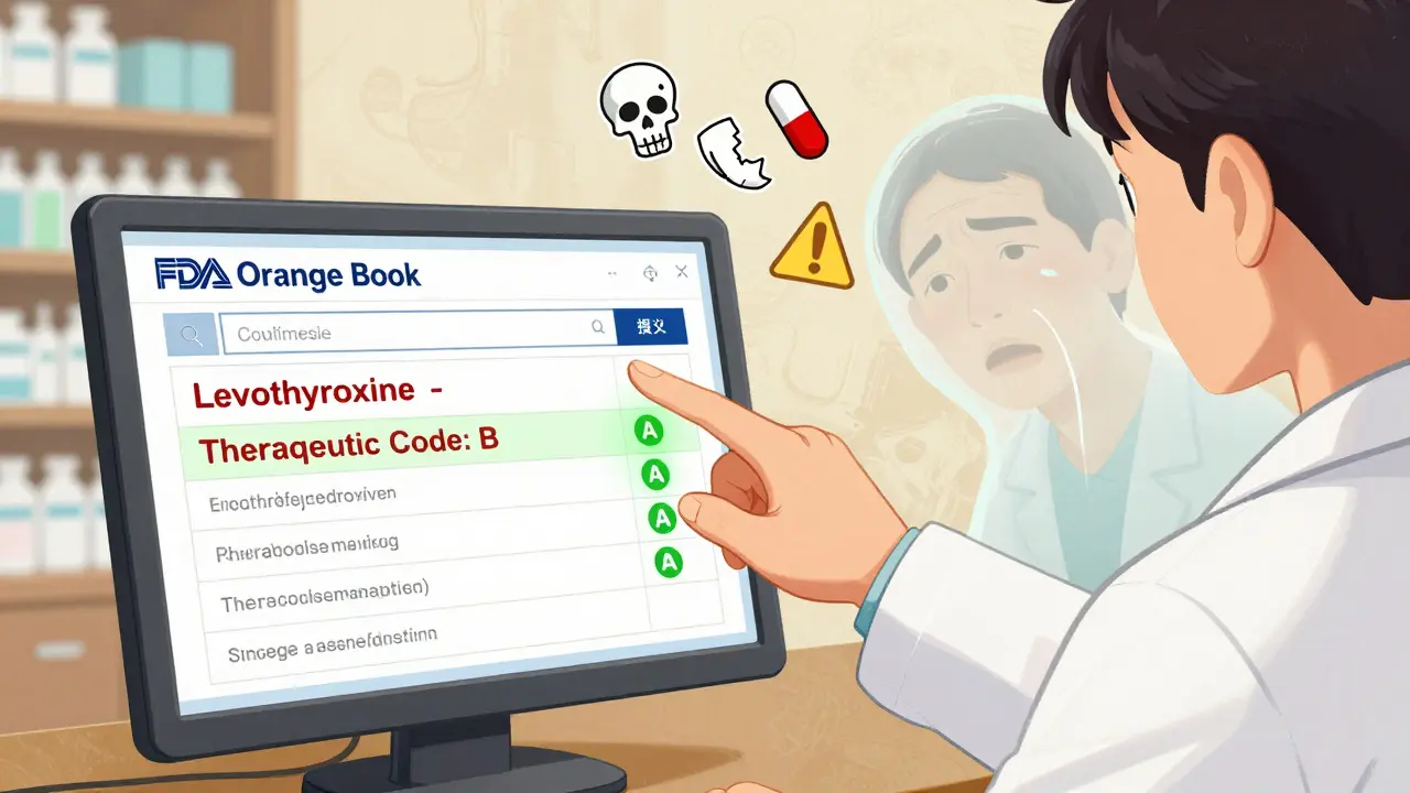 Pharmacist's hand pointing at FDA Orange Book tablet showing red 'B' code for levothyroxine.