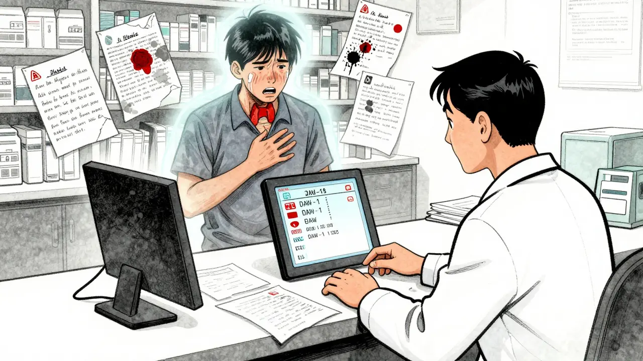 Pharmacist faces corrupted e-prescription while patient suffers from thyroid storm in background.